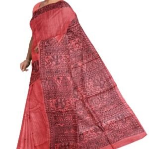 iMithila Festive Collection Madhubani Handloom Pure Tussar Silk Coral Pink Color Handpainted Saree with border and Handpainted Blouse Piece