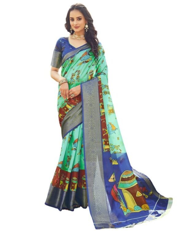 SIRIL Women's Silk Madhubani Printed Jacquard Border Ready To Wear Saree With Unstitched Blouse Piece