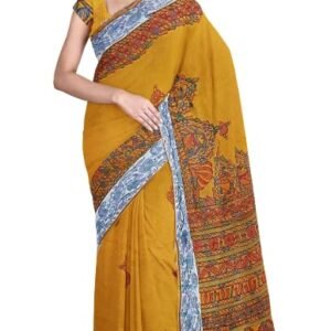 iMithila Madhubani Painting Saree with Border and Blouse Piece - Pure Cotton - Perfect for Festivals