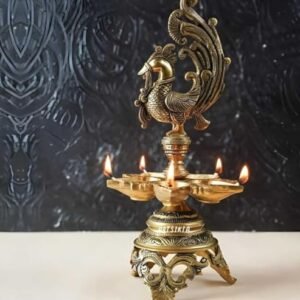 MVs Madh Ventures Brass Peacock Deepak Stand Peacock Over Ethnic Carved Legs | Traditional Indian Brass Diya with Gemstone (4.kg)