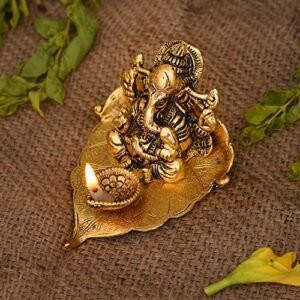 Collectible India Return Gift Ganesh Idol on Leaf - Lord Ganesha with Diya - Metal Diya for Diwali Decoration Items Home Decorative Gift Puja Gifts Corporate