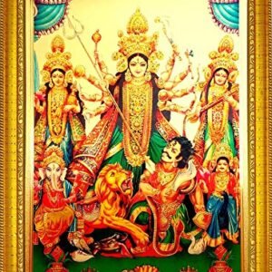 ADA Handicraft Maa Durga Lakshmi Saraswati Ganesha Hindu Religious Wood Wall Photo Frame For Dussehra Diwali Navratri (35 x 25 x 1 cm