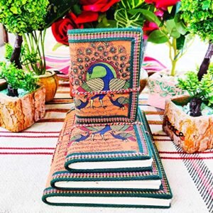 Kaka jiji Handicraft Vintage Handmade Handicraft Peacock printed diary/Notebook Journal II Orange Color Khadi Diaries Pack of 4 for Gift to Loved Ones II