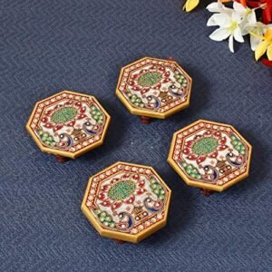 Handicrafts Paradise Marble Octagonal Puja Chowki Painted Peacock Design